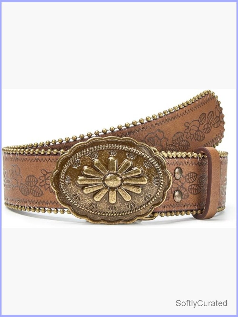 Western PU Leather Belt with Floral Emboss & Vintage Buckle for Jeans